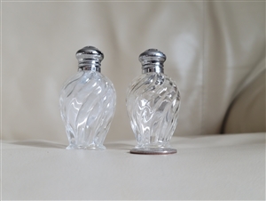 Vintage 1950s to 1960s Japanese miniature glass salt and pepper shakers with swirl design and metal lids