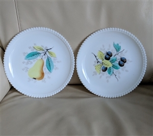 Set of two vintage Westmoreland white milk glass 7 and half inch plates with beaded edges and hand painted pear and blackberry fruit centers