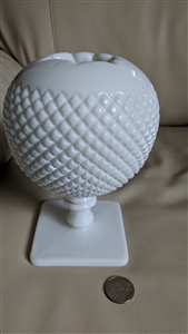 Vintage Westmoreland white milk glass ivy bowl in Diamond Point pattern on square starburst pedestal base