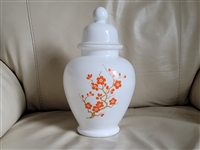 Vintage Italian milk glass ginger jar with orange floral blossoms and lid