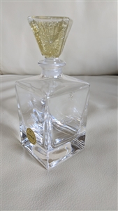 Vintage SC Line Italian lead crystal rectangular perfume bottle featuring a shimmering yellow glitter faceted stopper, gold foil maker sticker, and collectible vanity decor styling