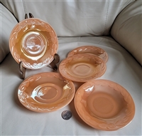 Set of five preowned vintage Anchor Hocking Peach Lustre Laurel glass saucers with embossed laurel leaf border