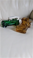 Vintage Avon glass automobile cologne bottles in green and amber