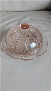 Jeannette Cherry Blossom pink Depression glass covered butter dish with domed lid and scalloped rim base plate