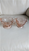 Federal Glass Sharon pattern pink Depression glass footed creamer and double handled sugar bowl set from the 1930s