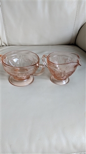 Federal Glass Sharon pattern pink Depression glass footed creamer and double handled sugar bowl set from the 1930s
