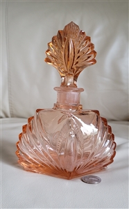 Vintage pink Depression glass perfume bottle Art Deco fan shell stopper vanity