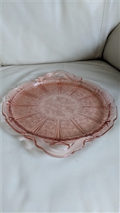 Jeannette Cherry Blossom pink Depression glass handled sandwich tray featuring molded floral pattern and tab handles
