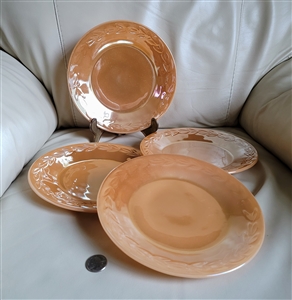 Set of four preowned vintage Anchor Hocking Peach Lustre Laurel serving plates with embossed leaf border