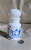 Vintage Belgian milk glass apothecary bottle with blue transferware carriage decor and matching stopper