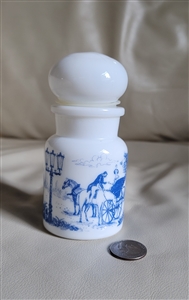 Vintage Belgian milk glass apothecary bottle with blue transferware carriage decor and matching stopper
