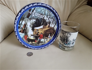 Currier and Ives 2-piece set featuring 1981 Arby's Winter Pastime drinking glass and Denmark butter cookies metal tin