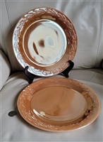 Preowned set of two vintage Anchor Hocking Peach Lustre-Laurel dinner plates featuring an embossed laurel design