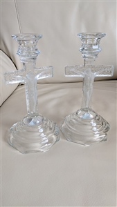 Set of two vintage glass Crucifix candle holders spiritual gifts for any occasion decor for any room