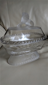 Antique 1877 Gillinder & Sons EAPG Frosted Lion clear and frosted glass oval covered compote dish
