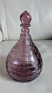 Vintage purple hand blown glass perfume bottle with geometric grid pattern and matching glass stopper dabber