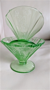 Two green transparent footed sherbet glasses with a ribbed cone shape on a neutral background showing the Parrot Green pattern