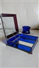 1980s cobalt blue glass set including etched hummingbird trinket box and geometric candle holder