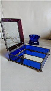 1980s cobalt blue glass set including etched hummingbird trinket box and geometric candle holder