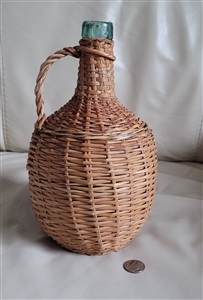 Vintage aqua green glass woven wicker basket wrapped decanter with handle