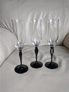 Vintage Austrian lead crystal champagne flutes set of 3 with Tuscan Black sculptural open loop stems preowned vintage sells as is
