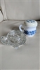 VIntage Avon milk glass Delft blue jar and etched glass turtle candle holder set of 2 items.