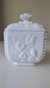 Vintage Westmoreland Paneled Grape White Milk Glass Lidded Box 5 Inch