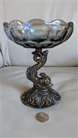 Goldfish metal pedestal glass storage bowl plate centerpiece with metal post and iridescent glass top