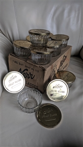 Set of eleven vintage Kerr jelly jars with gold lids and original box