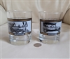 Vintage glass whiskey tumblers Pierce-Arrow automobile and locomotive The General, Art Deco style.