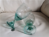 Set of two fruit embossed aqua green water goblets kitchen drinkware glass and table setting accessories