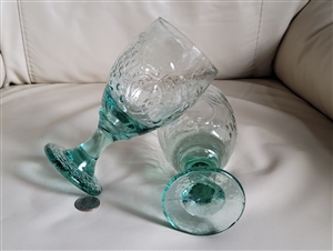 Set of two fruit embossed aqua green water goblets kitchen drinkware glass and table setting accessories