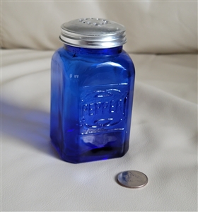 Vintage cobalt blue square glass pepper shaker with embossed word and aluminum screw lid
