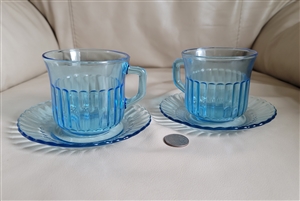 Fortecrisa electric blue glass teacup and saucer in striped design and vivid colors