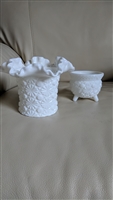 Vintage Fenton Daisy and Button white milk glass top hat and collar base vase set shown on a surface