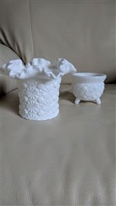 Vintage Fenton Daisy and Button white milk glass top hat and collar base vase set shown on a surface