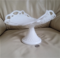 Westmoreland milk glass banana stand with diamond pattern and open lace edge