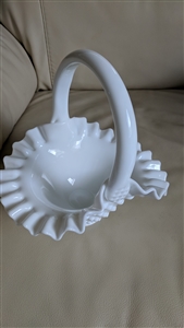 1950s Fenton hobnail milk glass basket with ruffled rim