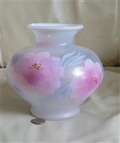 Large vintage Fenton white satin glass vase with hand painted pink flowers and artist signature by Cutshaw