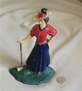 Vintage 1950s Cast Iron Lady Golfer Doorstop Hand Painted Victorian Style Decorative Bookend