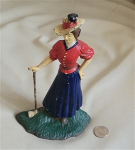 Vintage 1950s Cast Iron Lady Golfer Doorstop Hand Painted Victorian Style Decorative Bookend