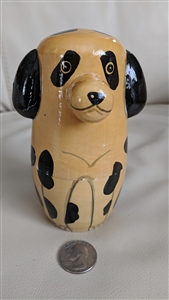 Vintage handcrafted wooden spotted dog trinket storage box with black ears and spots