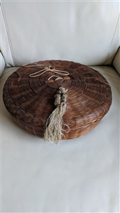 Antique Chinese wicker sewing basket with round lidded top brass coins and tassel embellishments