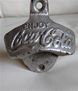Vintage 1975 "Enjoy Coca-Cola" silver-tone metal wall-mounted bottle opener made in Taiwan