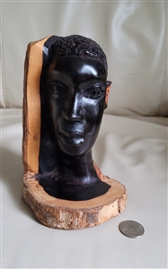 Vintage hand-carved African tribal woman head bust in heavy two-tone exotic hardwood