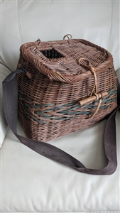 Artisan handcrafted wicker fishing creel basket with shoulder strap and wooden toggle