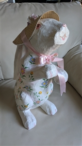 Large 16 inch vintage hand painted paper mache lady rabbit wearing a straw hat with blue flowers