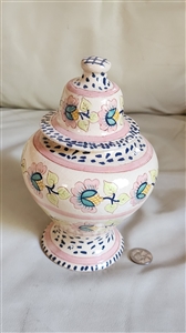 Vintage Portuguese hand painted terracotta ginger jar with lid and glaze crazing present throughout