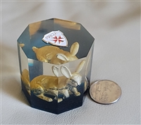 Lucite hexagonal rabbit paperweight vintage Malta shield souvenir Lucite hexagonal rabbit paperweight vintage Malta shield souvenir