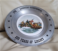Bicentennial pewter plate with Washington Crossing the Delaware porcelain center